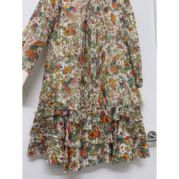 Tory Burch Promised Land Bird Peacock Floral Print Mini Dress Metallic Silk 8 - Picture 9 of 16